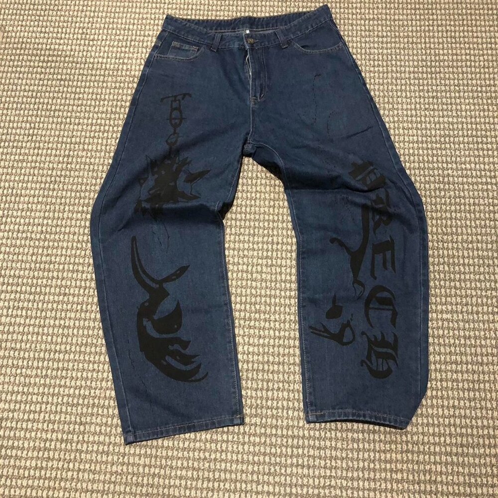 Sick Rare vintage 90s baggy Japanese denim jeans with unique painted design
